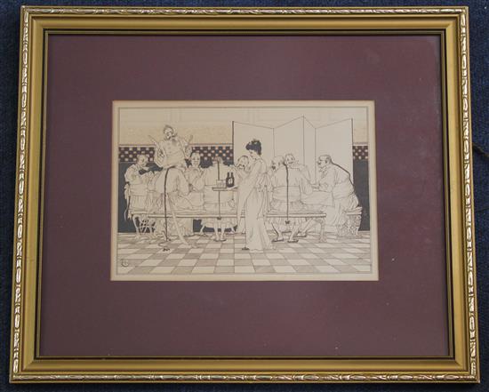 Arthur Rackham (1867-1939) Caricature of a woman serving Bass ale to Eastern gentlemen, 6 x 9in.